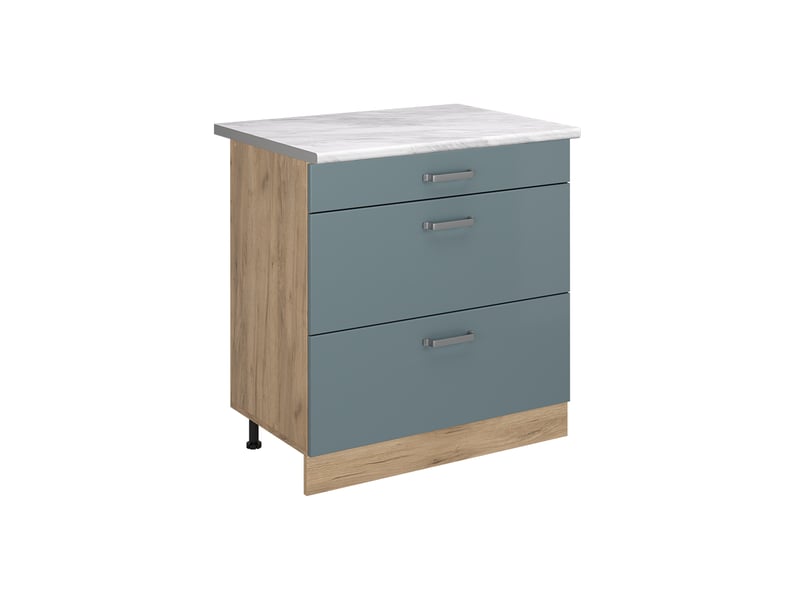  Vicco meuble cuisine, bleu-grischêne doré, 80cm avec 3 tiroirs plan de travail marbre  - Conforama A