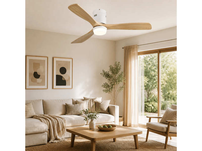  Ventilateur de plafond 52 pouces avec télécommande 6 vitesses 3 pales en bois massif éclairage led 18w moteur dc réversible pour salon  - Conforama B