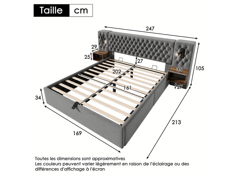  Lit coffre 160x200 en velours gris avec 2 chevets, liseuses usb et sommier à lattes  - Conforama C