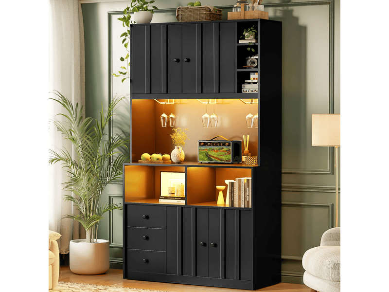  Buffet haut de cuisine 100x40x180 cm,bar à café,led rgb,2 prises ac+2 usb,3 porte-verres,étagère réglable,rangements ouverts,mdf  - Conforama B