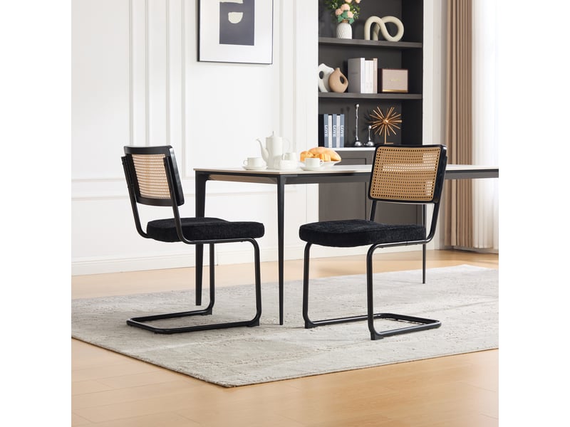  Lot de 2 chaises de salle à manger 47x58x86cm - cushion for kitchen, living room, bedroom - synthetic cane back &amp; chenille seat - metal frame - noir  - Conforama B