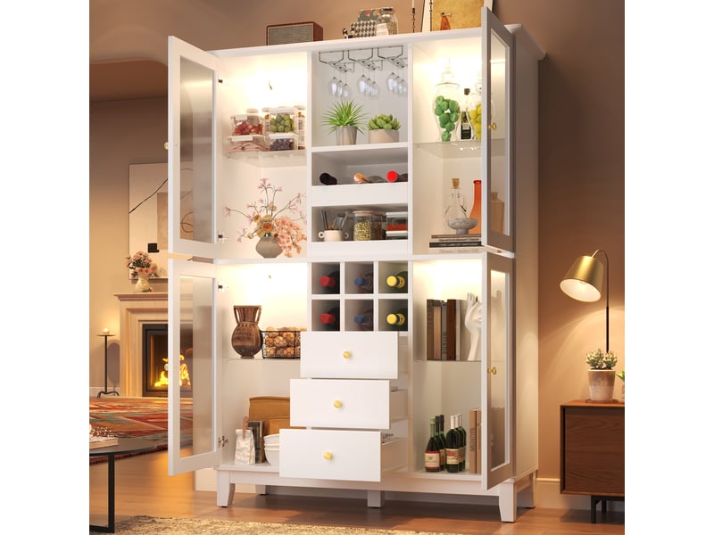  Buffet led connecté 120x40x180,5cm avec 3 tiroirs,porte-verres et casier à bouteilles meuble bar vaisselier avec vitrines,mdf et métal,blanc  - Conforama E