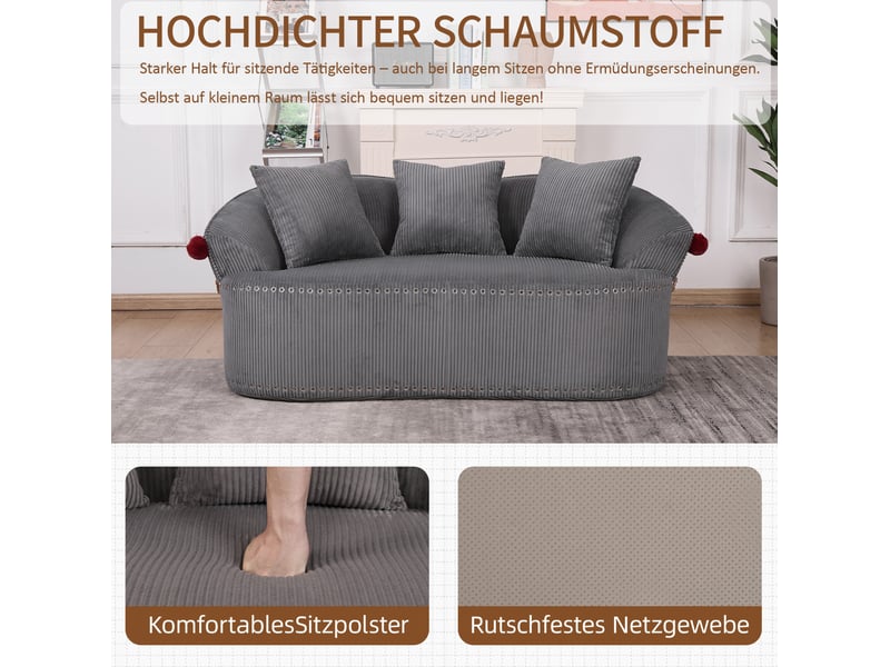  Canapé 2 places velours côtelé gris foncé 163x93x68 cm, forme arrondie, 3 coussins inclus  - Conforama D