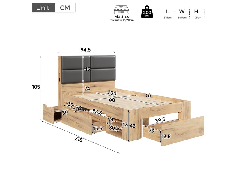 Lit avec rangement 90x200 cm naturel, veilleuse et ports usbusb-c - Conforama C