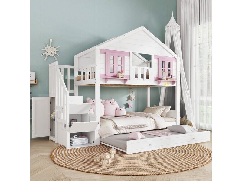 Lit superposé enfant 90x200 blanc et rose avec rangement, tiroir et penderie - Conforama W