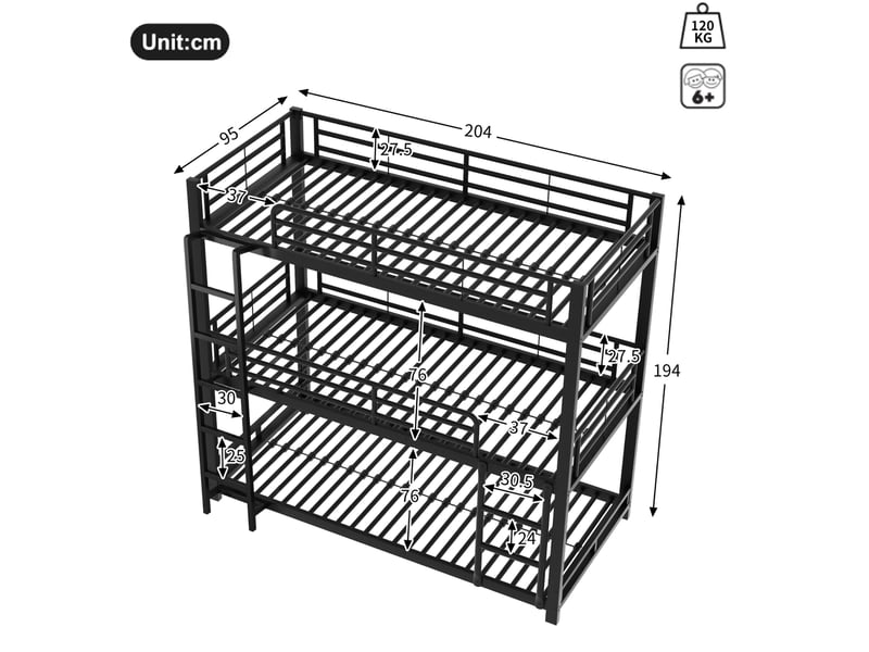  Lit superposé triple 90x200 cm, gain d'espace, structure métallique robuste, sécurité en747, coloris noir, sans matelas  - Conforama C