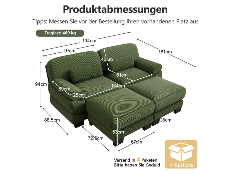 Canapé droit modulaire 2 places en velours côtelé vert avec 2 poufs - Conforama C