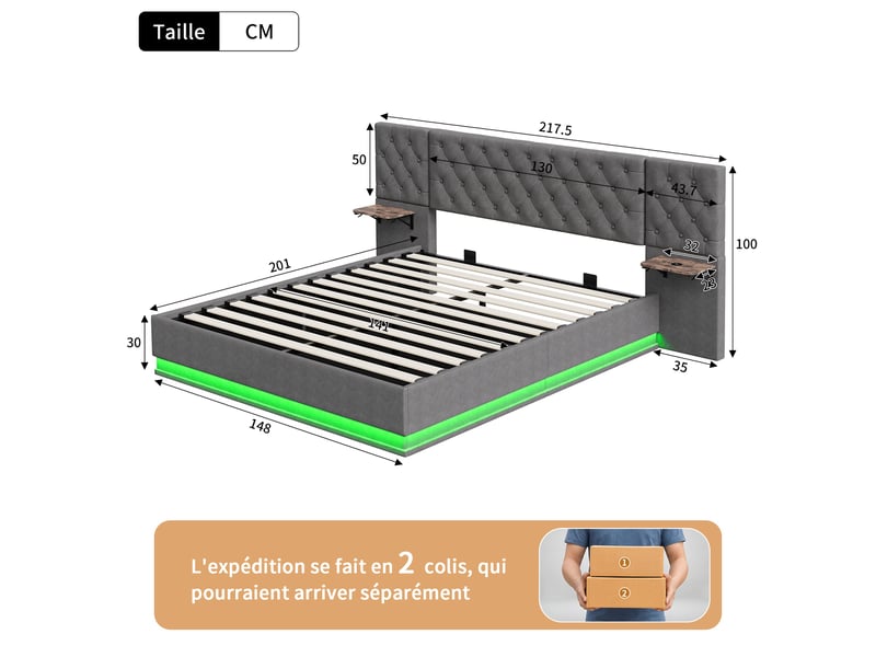  Lit coffre 140x200cm - lit double 140x200 en lin - lit 140x200  avec led et tables de chevet suspendues - gris  - Conforama E