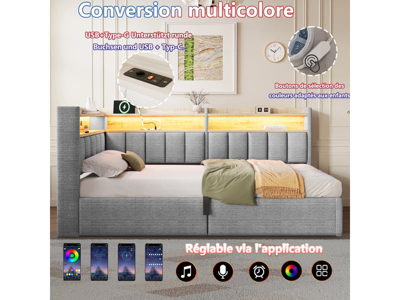 Lit coffre hydraulique 90x200 cm avec led, usb-a et usb-c et tête réversible, velours gris, sans matelas - Conforama D