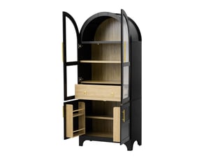 Buffet haut 76 x 40 x 180 cm, verre cannelé, grand tiroir et étagères réglables, noir