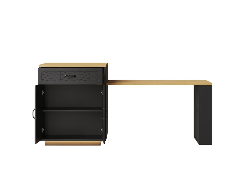  Îlot de cuisine, rangement avec desserte, plateau extensible, deux tiroirs, quatre portes, éclairage led  - Conforama E