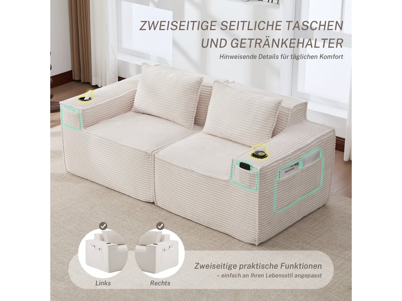  Canapé droit modulable 2 places avec porte-gobelets - lpospi - poches latérales, velours côtelé beige  - Conforama E