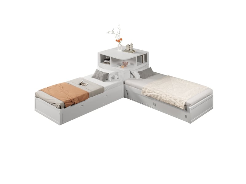  Lit plateforme en l 90x200 cm, lit gigogne intégré, rangement porte coulissante, rangements led, mdf pin blanc sans matelas  - Conforama A