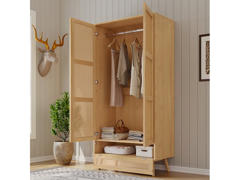  Armoire 2 portes avec penderie et rangement bas, 90 x 45 x 183 cm, naturelle  - Conforama D