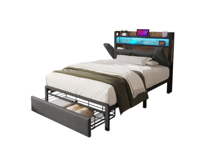  Modenvie lit 1 place avec rangement 90x200 cm - tête de lit avec usb-c et led, avec matelas - gris  - Conforama A