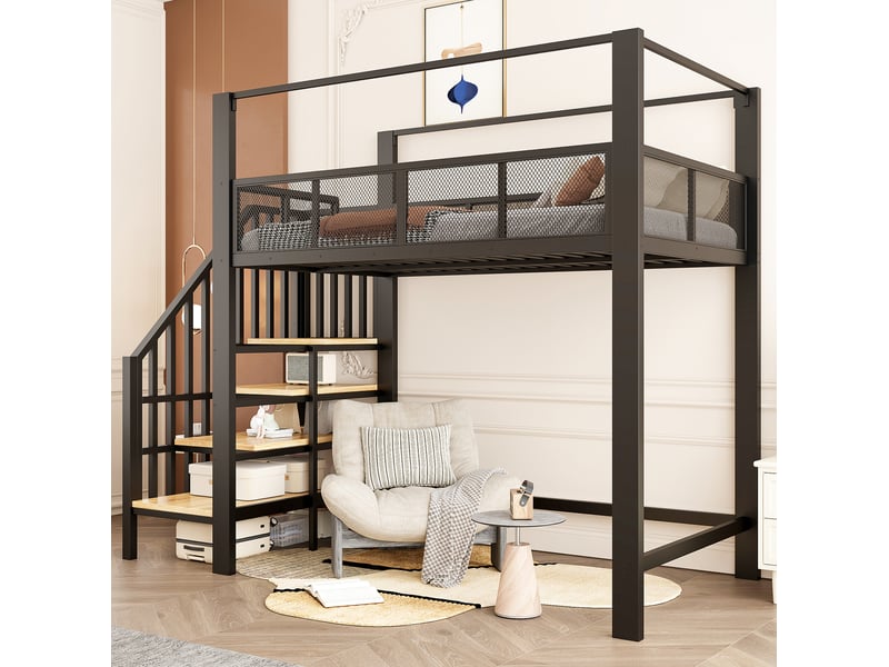  Lit mezzanine modenvie en métal 90 x 200 cm noir avec auvent, échelle de sécurité et rangements  - Conforama E