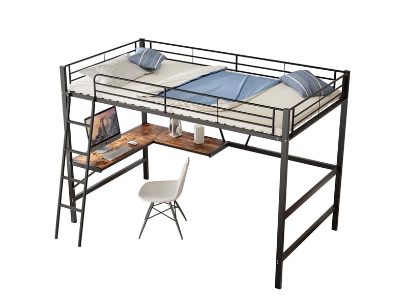  Lit mezzanine 90x200 cm avec bureau en l et rangement, métal noir, pour enfants et adultes, sans matelas  - Conforama A