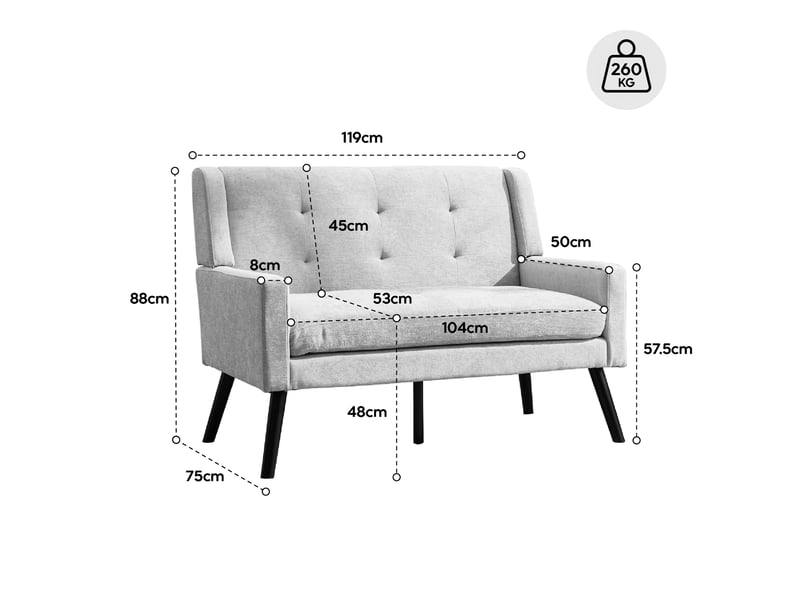 Banquette 2 places premium en lin avec pieds en bois massif et coussinets en mousse haute densité - chaise d'accent pour salon, chambre et bureau  - Conforama C