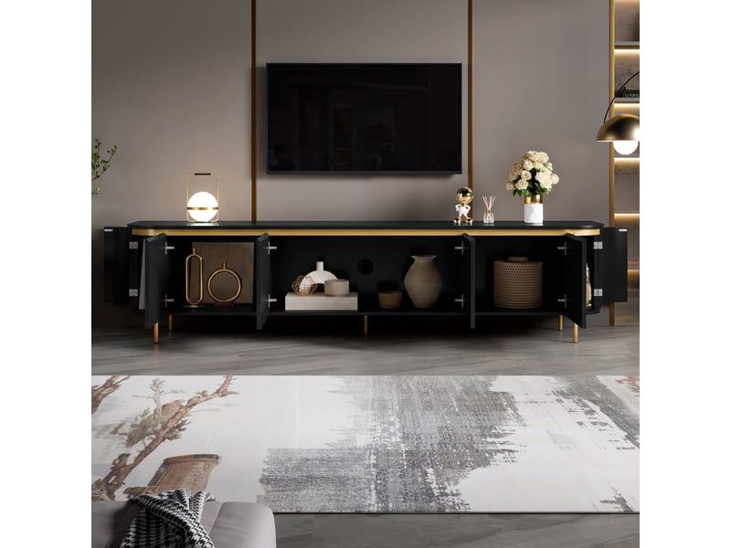  Meuble tv  180x38x46 cm - 6 portes sans poignée, passe-câbles intégré, pieds métalliques, mdf-noir ABC - Conforama E