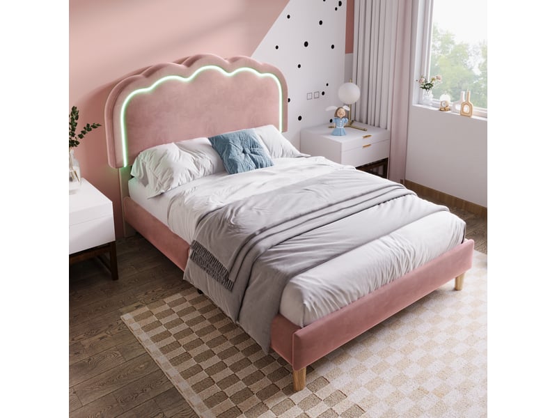  Lit simple led 90x190 cm en velours rose avec tête de lit réglable  - Conforama D
