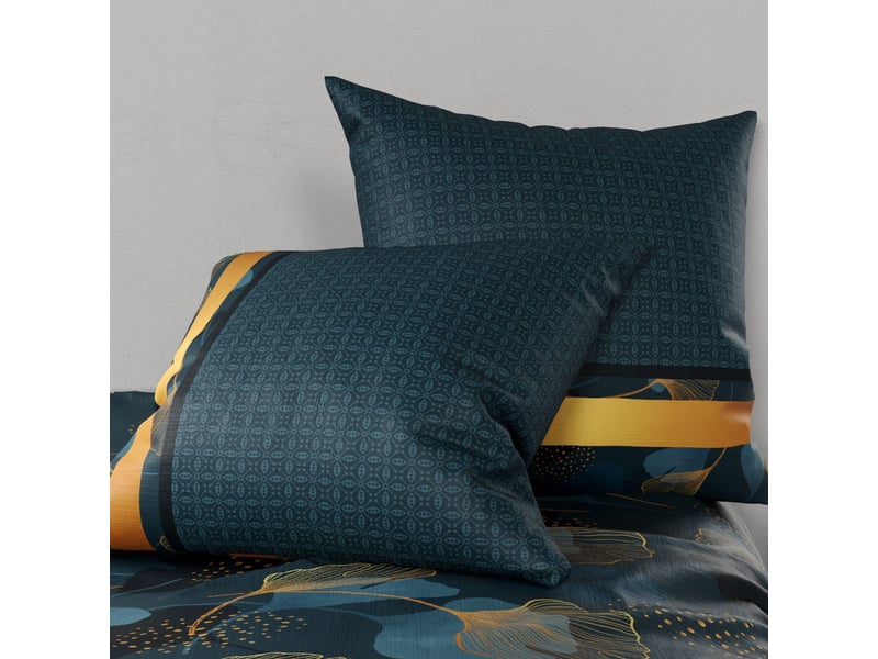  Parure housse de couette 260x240cm + 2 taies motif feuillage ginko bleu et jaune 100% coton - jayan JAYAN - Conforama D