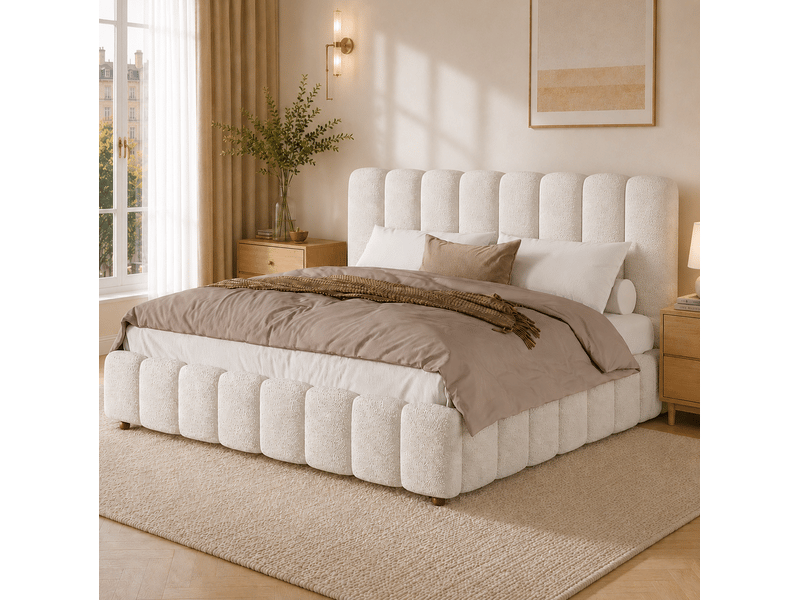  Lit 2 places tcqpz 180 x 200 cm avec sommier à lattes tête de lit rembourrée bouclé blanc  - Conforama B