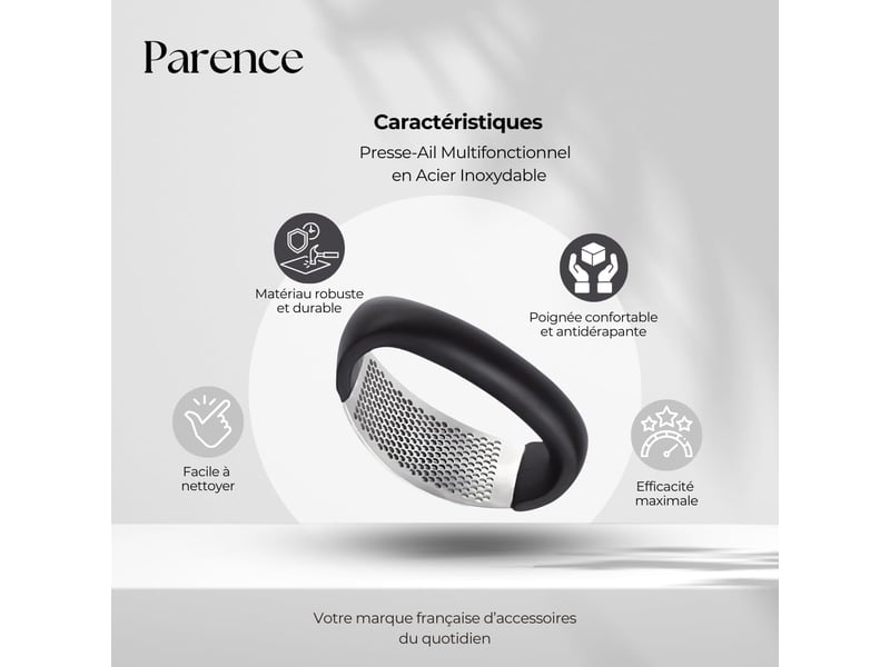  1 presse-ail multifonction noir en acier inoxydable, 10,5 x 5 x 6.5 cm, compact et doté d'une poignée ergonomique  - Conforama D
