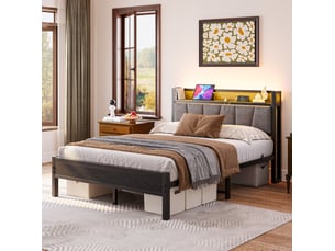 Lit adulte 140 × 190 cm 2 places avec led, usb, tête de lit avec rangement et prise, sans matelas, métal noir