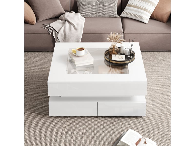  Table basse carrée blanche 70x70 cm, table de salon avec led contrôlable par application, plateau en verre trempé, 3 tiroirs  - Conforama B