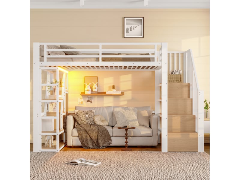  Lit mezzanine enfant 90 x 200 cm en métal et mdf blanc avec led et rangements  - Conforama C