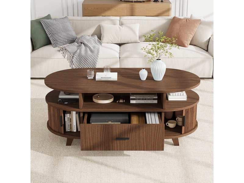  Table basse ovale 100x50x40 cm effet noyer, 1 tiroir, 2 portes à rideau coulissantes, 3 niches ouvertes, mdf, charge 30 kg  - Conforama B