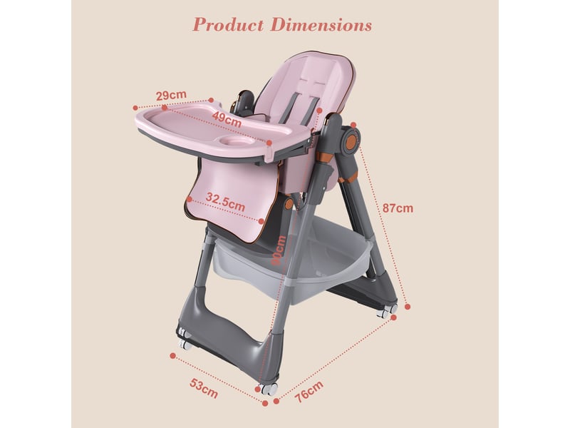  Chaise haute bébé pliable avec plateau réglable, dossier inclinable, harnais 5 points et roulettes, polypropylène rose  - Conforama D