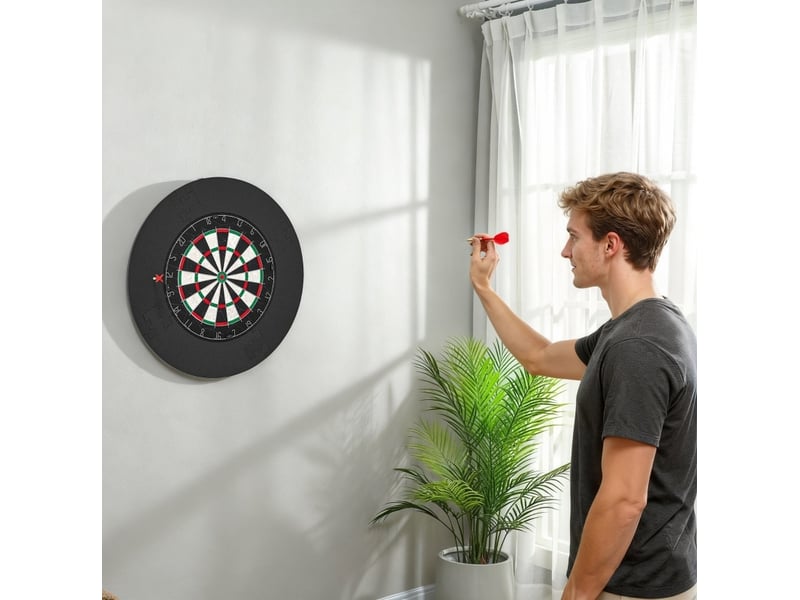 Jeu de fléchettes, cible sisal 71,5 x 71,5 x 3,8 cm noire, anneau de protection et 6 fléchettes - Conforama E
