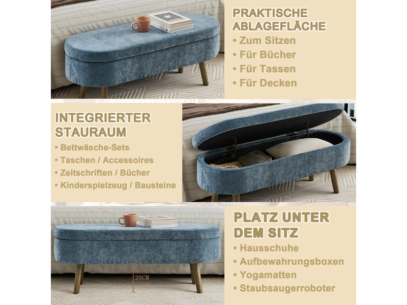  Banc coffre en chenille et bois massif bleu 110×40×42 cm, rangement 20 l, forme arrondie, pieds en bois  - Conforama D