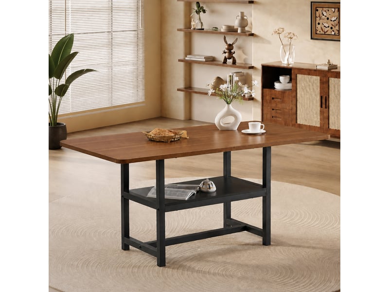  Table à manger rectangulaire 4 à 6 personnes avec étagère de rangement - lpospi - métal mdf noyer et noir 160 × 90 × 76 cm  - Conforama C