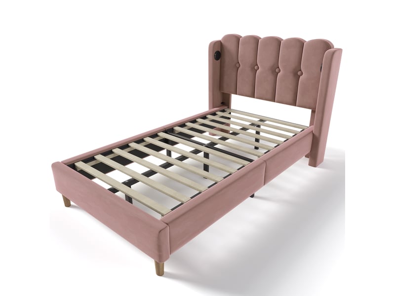  Lit simple enfant 90x200 cm – rose – tête de lit usb et type-c, sommier et matelas à ressorts inclus  - Conforama D