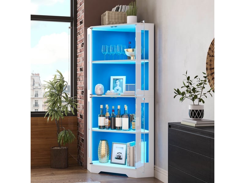  Vitrine d’angle 165 cm avec led, prise, porte-bouteilles et étagères en verre  - Conforama B