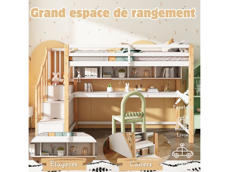  Lit mezzanine 90*200,il y a des bureaux et des étagères, lit mezzanine enfant ,des mesures de sécurité pour l'escalade  - Conforama E