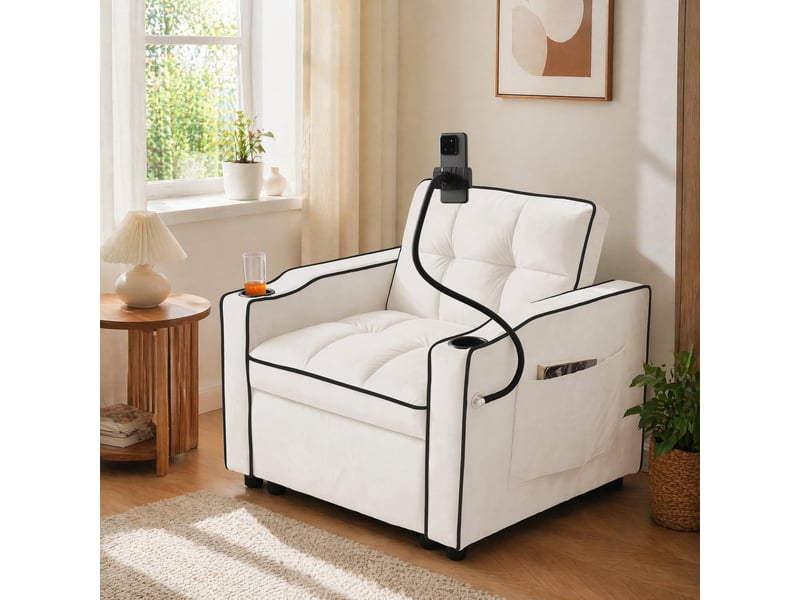  Fauteuil convertible 3 en 1 beige en velours avec porte-boissons et support téléphone  - Conforama C