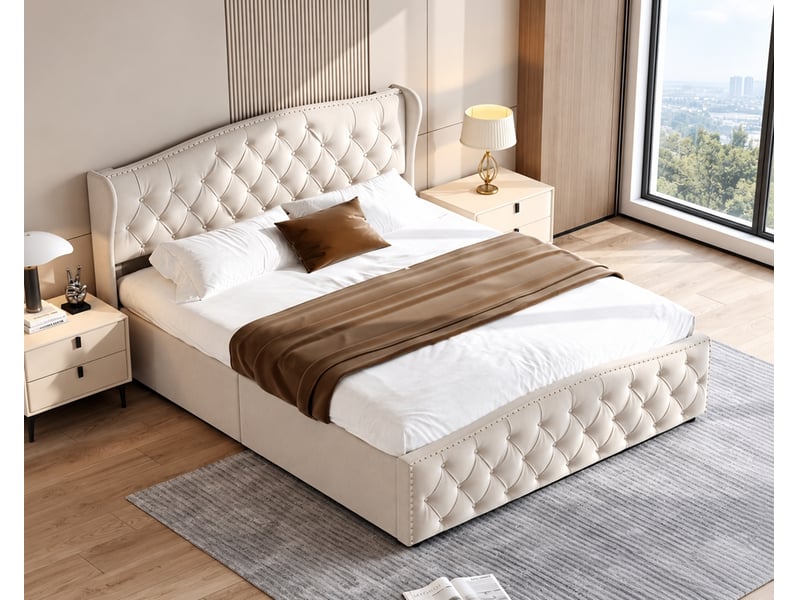  Yyxldynb lit coffre 140x190 cm avec rangememt, lit double rembourré avec sommier à lattes, cadre de lit 2 places avec tête de lit capitonnée, lit adulte, velours beige  - Conforama B