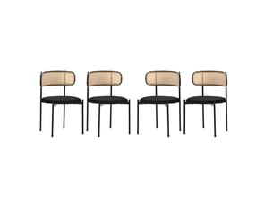 Lot de 4 chaises de salle à manger en velours noir avec dossier en rotin