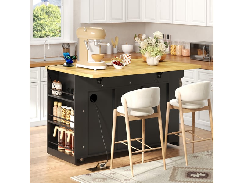Desserte de cuisine mobile avec plan rabattable, 3 tiroirs, portes coulissantes, prises et étagères 130 × 80 × 87 cm - Conforama D