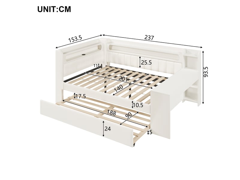  Lit banquette gigogne rembourré 140x200 cm, couchage 90x190 cm, bureau et étagères intégrés, led 7 couleurs, usb, tissu en lin blanc Radiant Stride - Conforama C