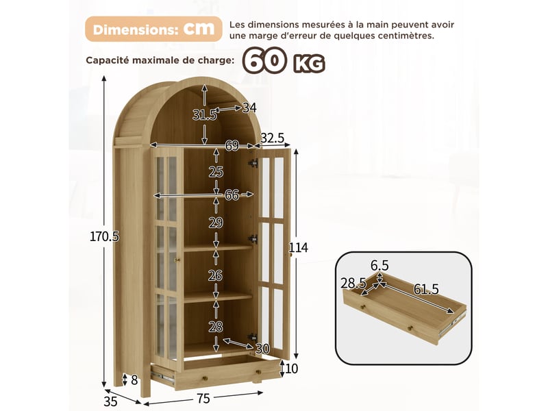  Vitrine haute en mdf et acrylique avec tiroir coloris naturel 75x35x170,5 cm LY2060309N - Conforama C