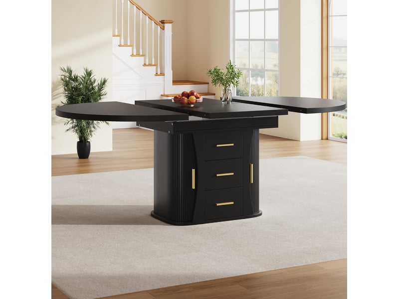  Table de salle à manger extensible avec rangement dissimulé et plateau coulissant, en mdf noir, 118 à 158 × 118 × 77 cm  - Conforama B