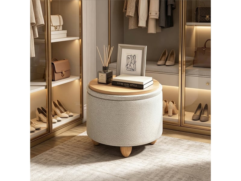  Pouf de rangement rond blanc crème en lin avec plateau en bois, 39x39x33 cm  - Conforama B