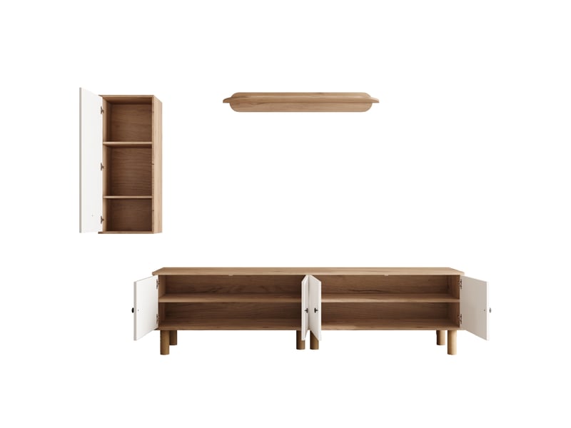  Composition murale tv 180 cm, blanc et bois, portes décor sculpté  - Conforama D