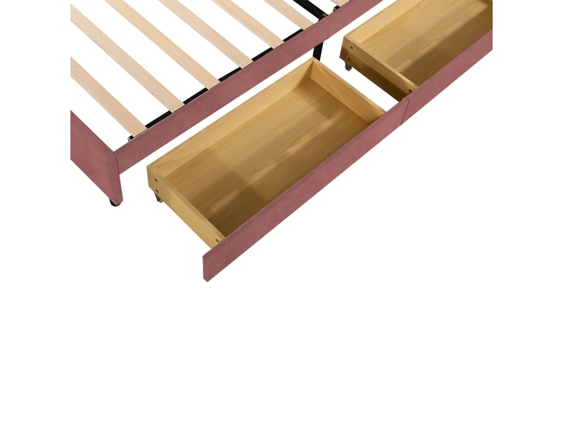 Lit enfant 90x200 cm, tiroirs, espace de rangement, tête de lit réglable, sommier, velours rose foncé, sans matelas - Conforama R