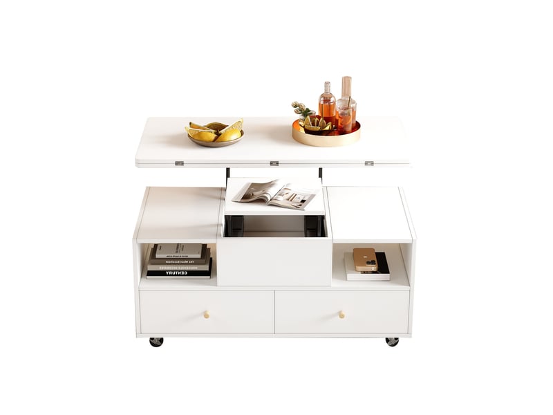  Table basse relevable 100 x 50 x 47,5 cm hauteur 47,5-62 cm hydraulique 4 tiroirs rabattable roulettes mdf blanc  - Conforama A