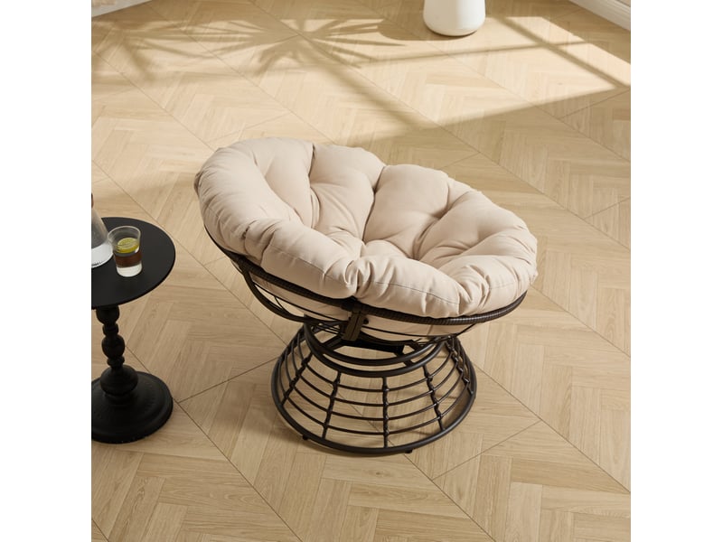 Fauteuil papasan pivotant 360° en rotin pe marron avec coussin beige - Conforama D